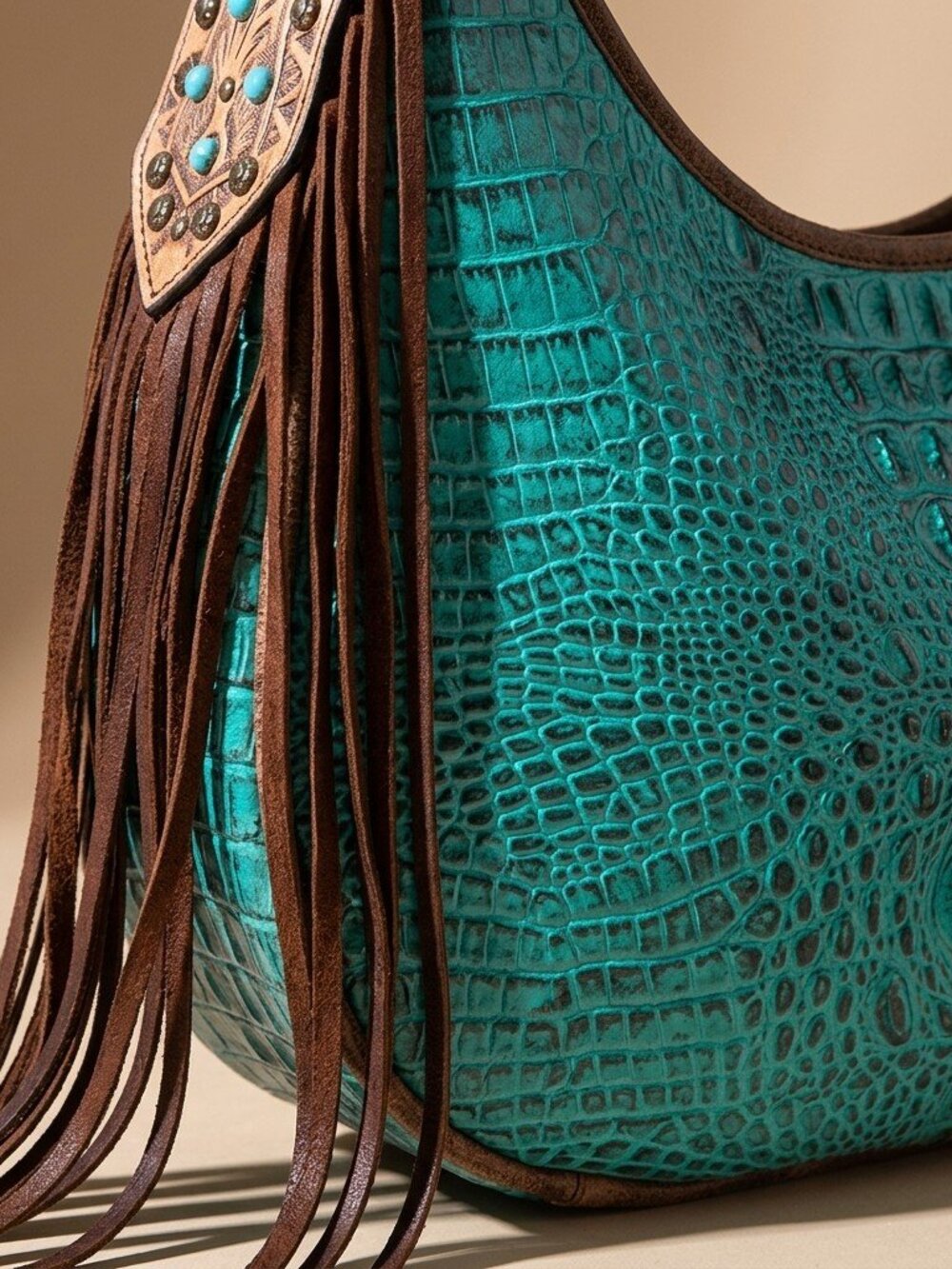 American Darling Turquoise Croc Fringe Shoulder Bag - Picture 4 of 5